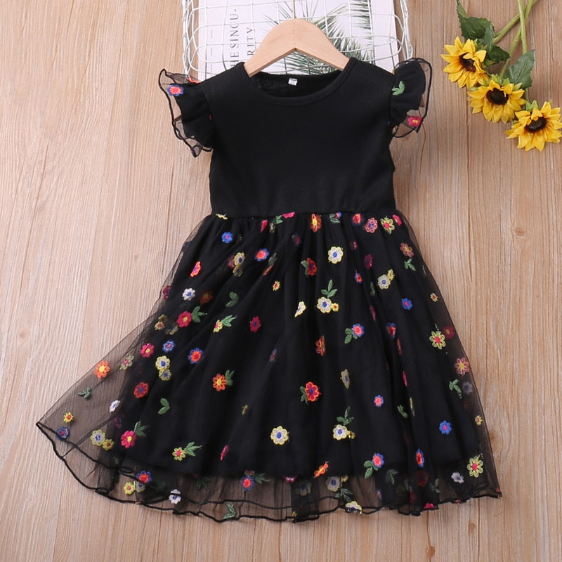 Kids Girls Floral Mesh Dress with Flying Sleeves childrensterritory