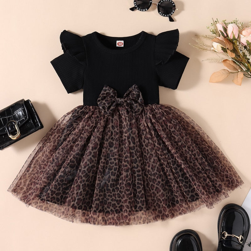 Little Girls Leopard Printed Ruffled Bowknot Party Dress childrensterritory