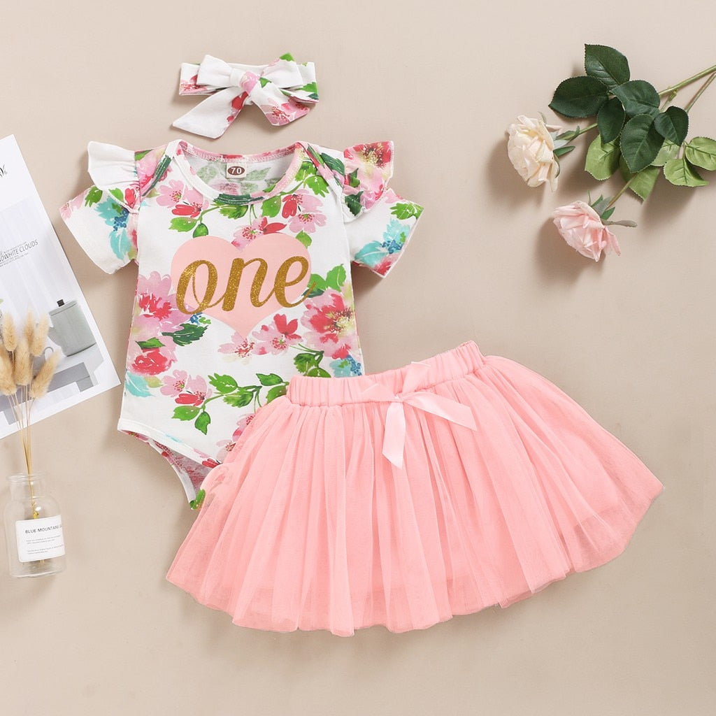 3PCS Baby Girls Floral Romper &amp; Skirt Princess Outfit Set childrensterritory
