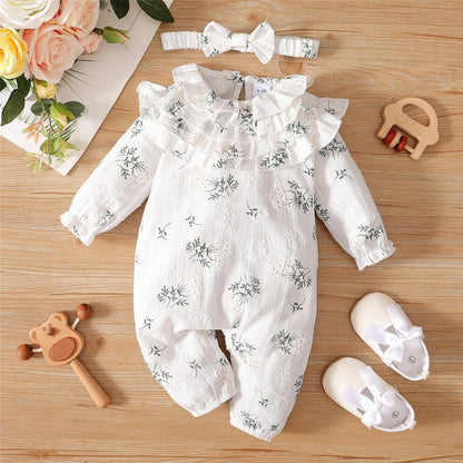 Leaf Print Long Sleeve Baby Girl Romper with Headband childrensterritory