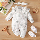 Leaf Print Long Sleeve Baby Girl Romper with Headband childrensterritory