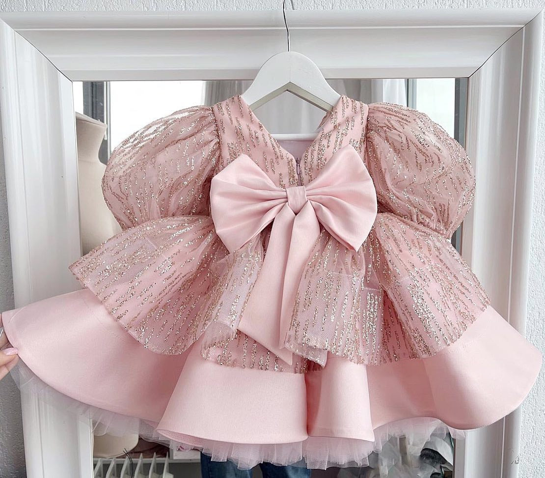 Handmade Baby/Kid Girl Puffy Sleeves Pink Princess Dress childrensterritory
