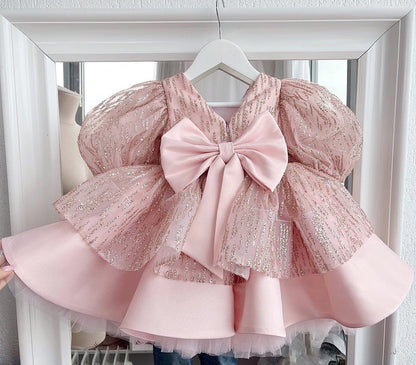 Handmade Baby/Kid Girl Puffy Sleeves Pink Princess Dress childrensterritory