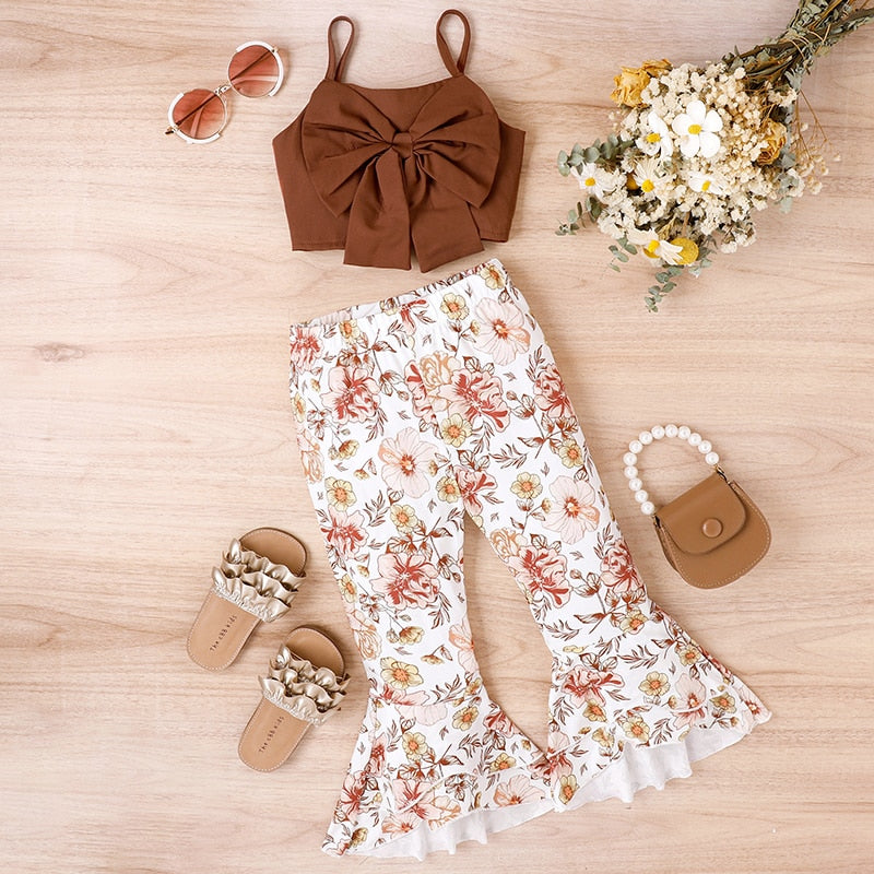 Bowknot Camisole with Floral Flare Pants for Girls childrensterritory