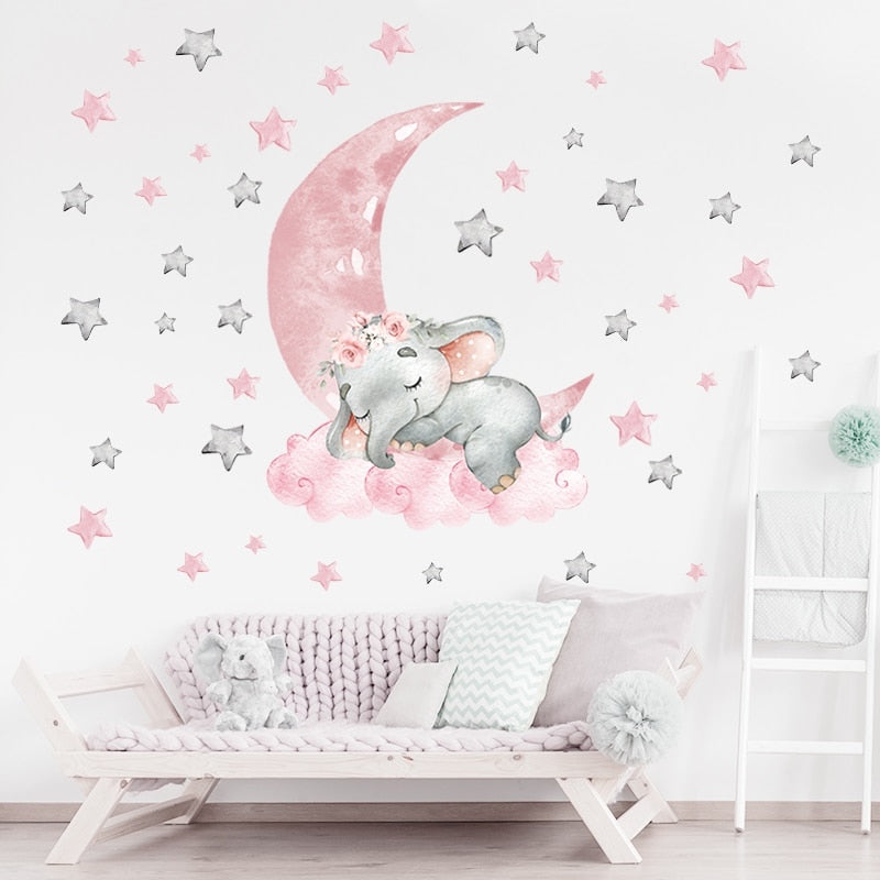 Pink Baby Elephant &amp; Stars Wall Stickers for Baby Girl&