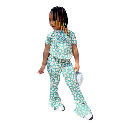 Kids Girls Daisy Green Tops + Flared Pant Boutique Outfits childrensterritory
