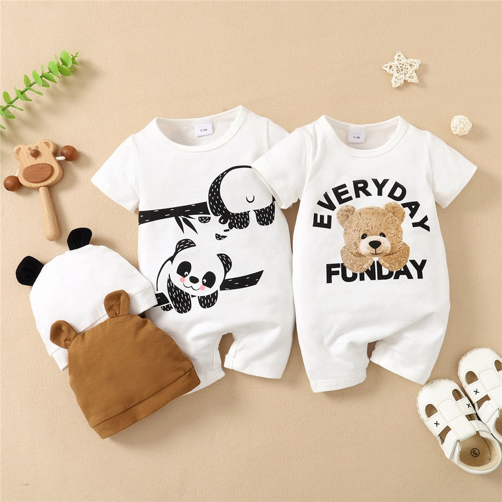 Newborn Baby Cartoon Print Summer Romper &amp; Hat childrensterritory