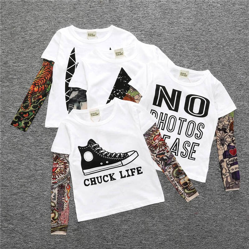 Letter Printed Kids Boys T-shirts with Tattoo Sleeves childrensterritory
