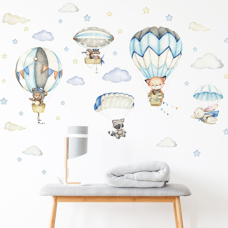 Watercolor Cartoon Hot Air Balloon Wall Decals for Kids&