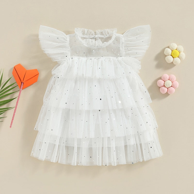 Stars Moon Sequins Kids Girls Ruffles Tulle Dress childrensterritory