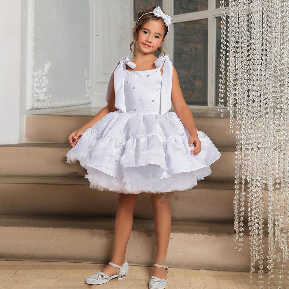 White Tulle Satin with Pearl Flower Girl Dress for Birthday childrensterritory