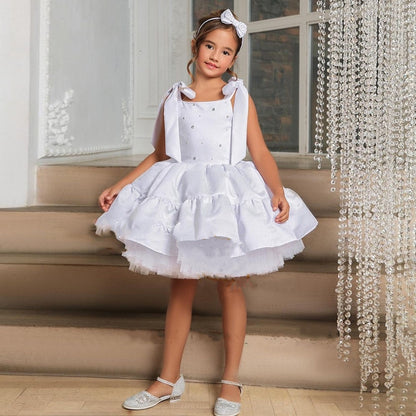 White Tulle Satin with Pearl Flower Girl Dress for Birthday childrensterritory