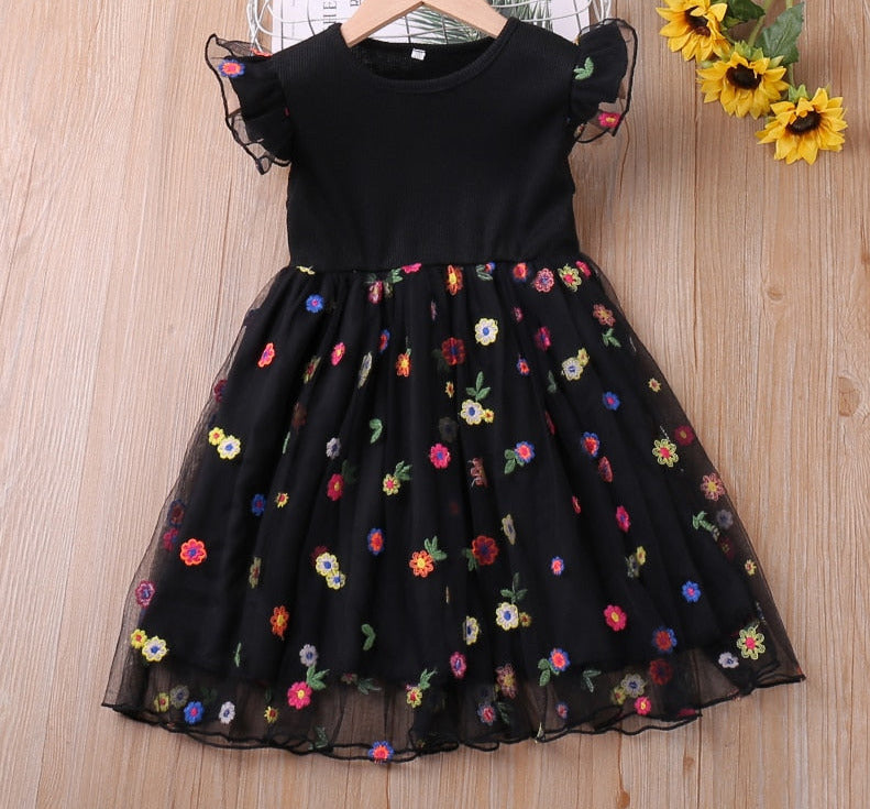 Kids Girls Floral Mesh Dress with Flying Sleeves childrensterritory