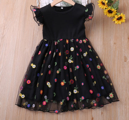Kids Girls Floral Mesh Dress with Flying Sleeves childrensterritory