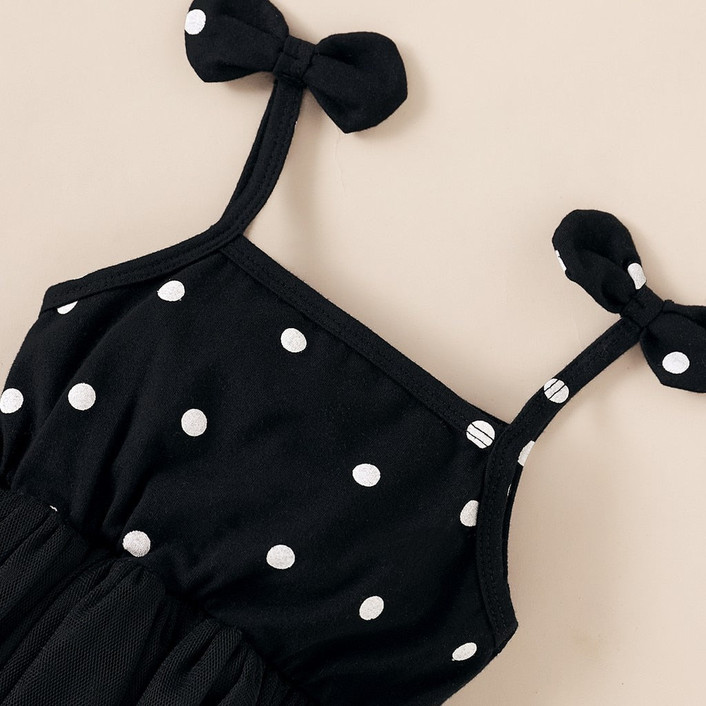 Toddler Girl White Dot Print Mesh Hem Dress childrensterritory