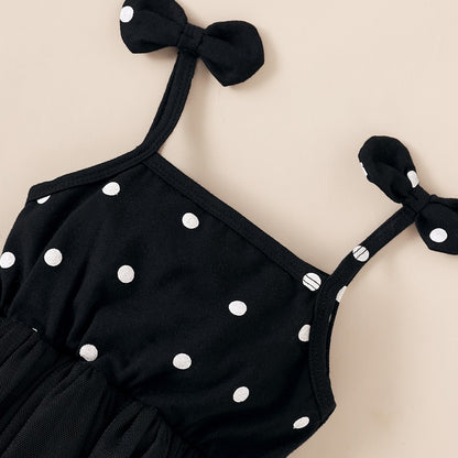 Toddler Girl White Dot Print Mesh Hem Dress childrensterritory