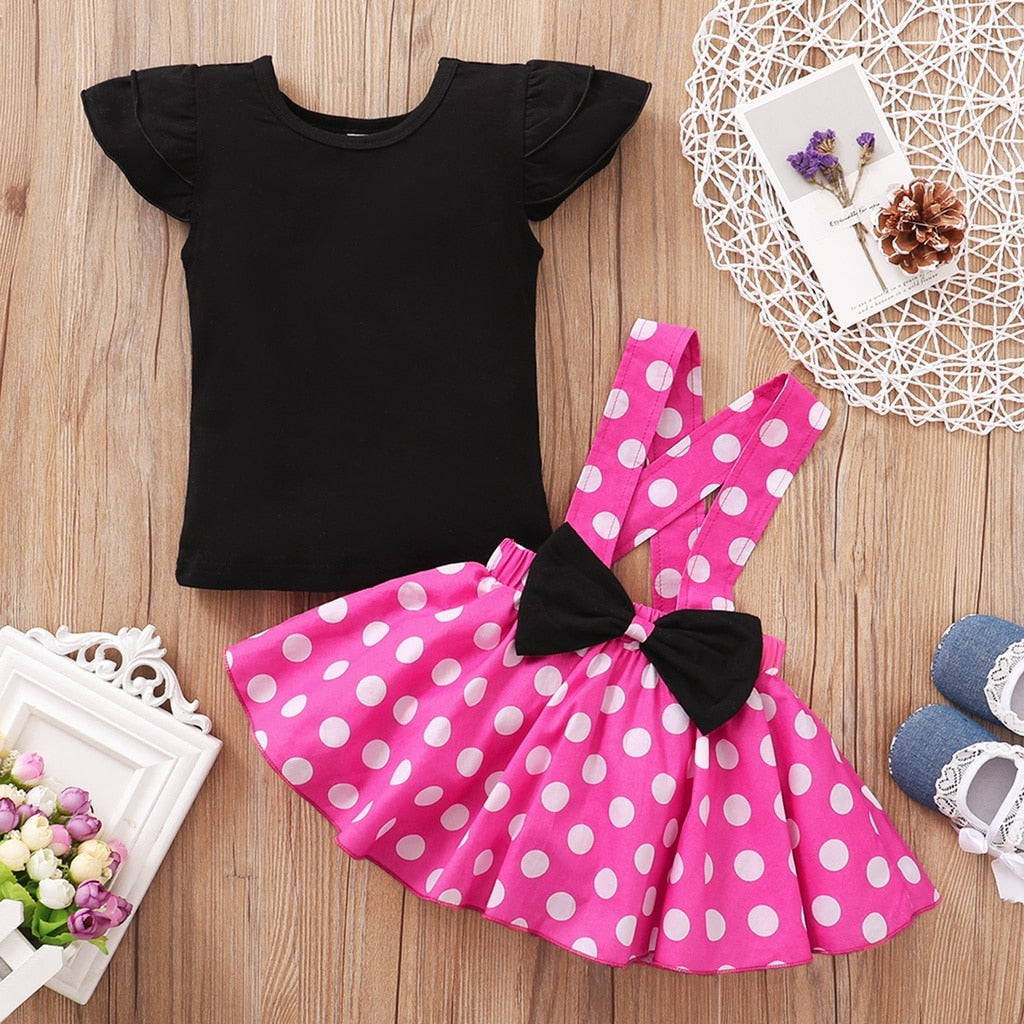 Baby Girls Black T-shirt + Polka Dot Skirt Party Outfit childrensterritory