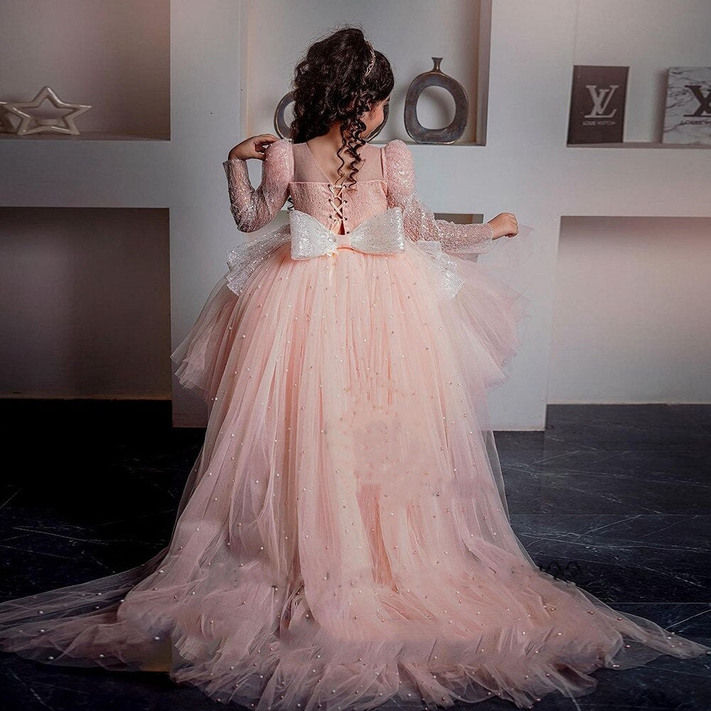 Elegant Pink Pearls Tulle Party Gown with Big Bow for Girls childrensterritory