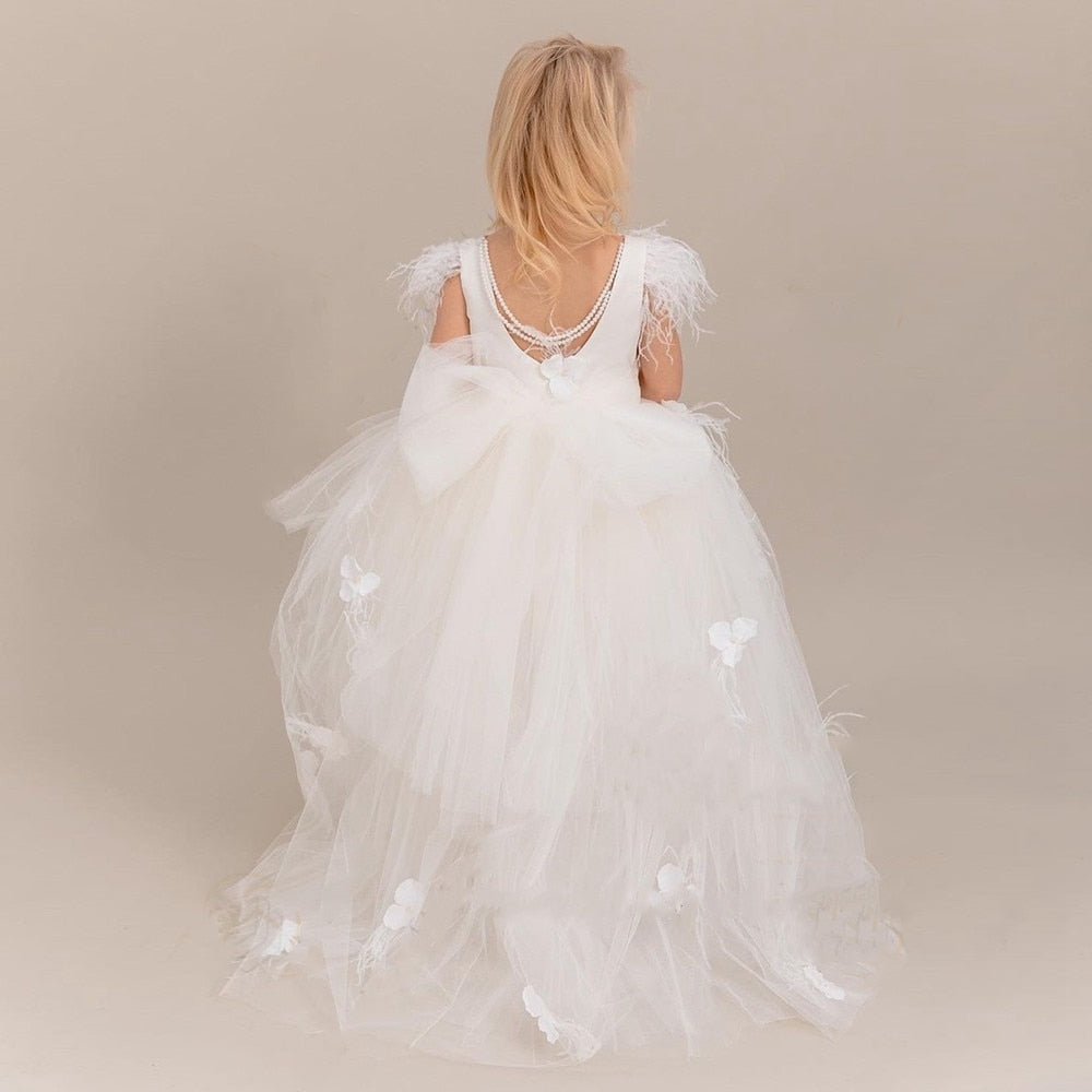 Girls Tulle Lace Trailling Wedding Party Gown with Feather Sleeve childrensterritory