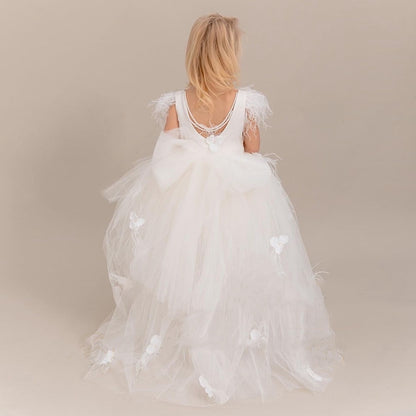Girls Tulle Lace Trailling Wedding Party Gown with Feather Sleeve childrensterritory