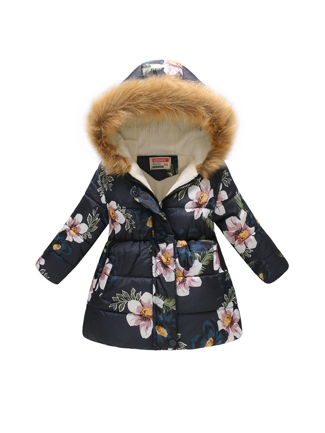 Kids Girls Cotton-Padded Flower Print and Fleece Hooded Jackets childrensterritory