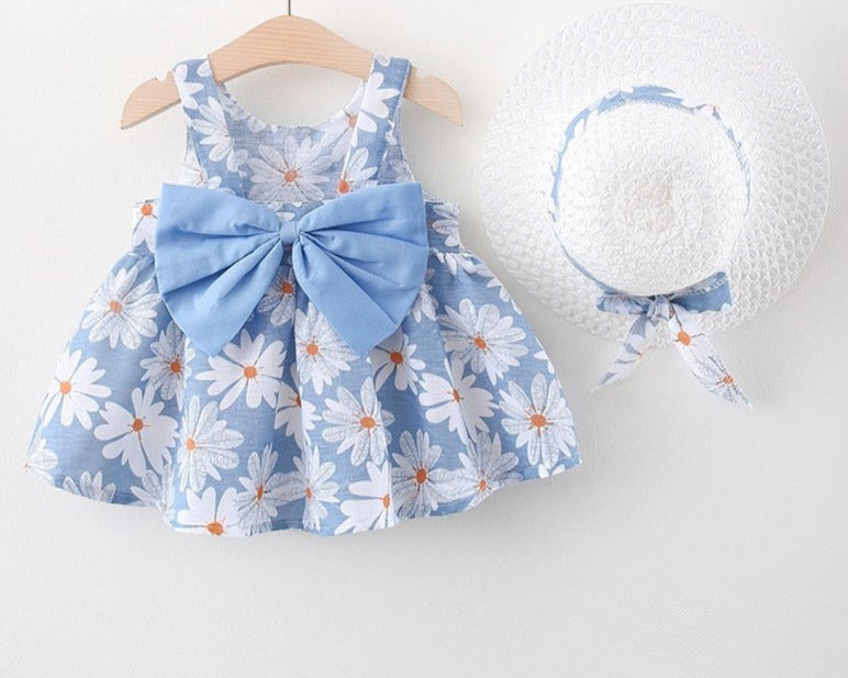 2pcs Daisy Print Baby Girl Beach Dress with Sun Hat childrensterritory