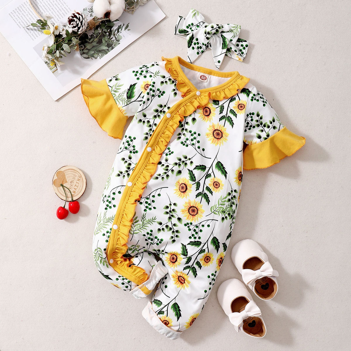 Baby Girls Floral Summer Bodysuit with Headband childrensterritory