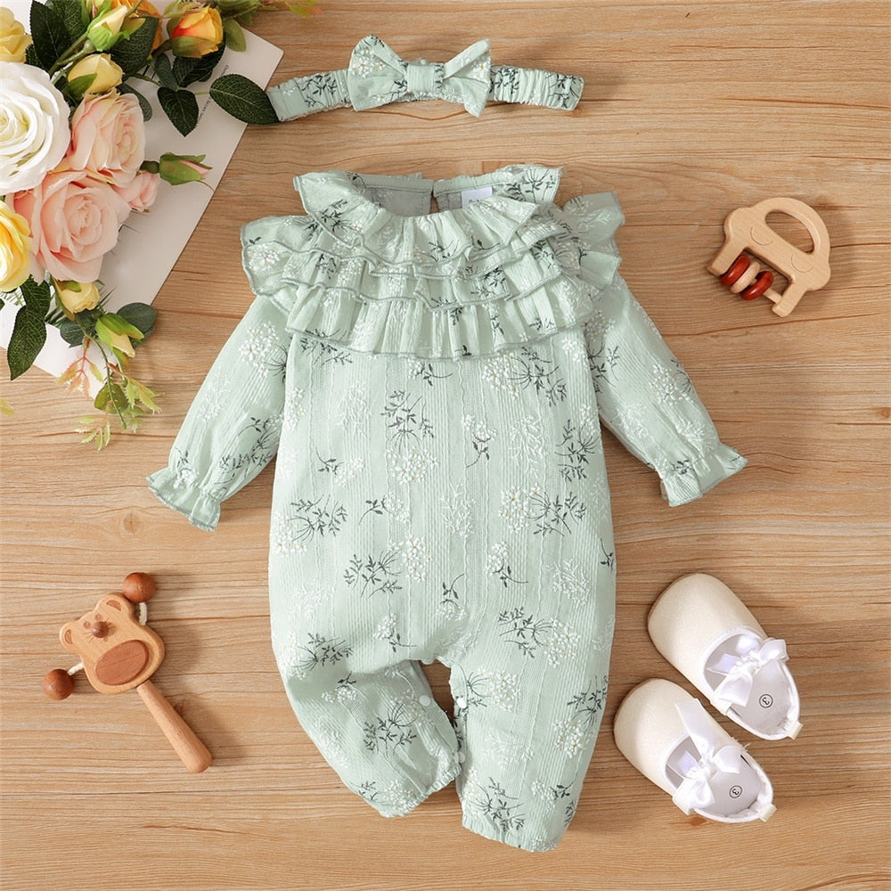 Leaf Print Long Sleeve Baby Girl Romper with Headband childrensterritory