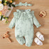 Leaf Print Long Sleeve Baby Girl Romper with Headband childrensterritory