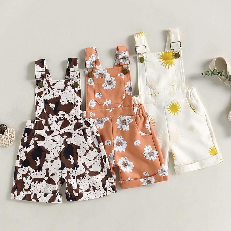 Kids Girls Printed Rolled Hem Overall Shorts with Pockets childrensterritory