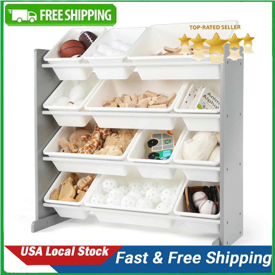 Kids Toy Organizer Wooden and Plastic Rack with 12 Bins childrensterritory