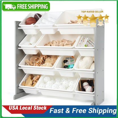 Kids Toy Organizer Wooden and Plastic Rack with 12 Bins childrensterritory
