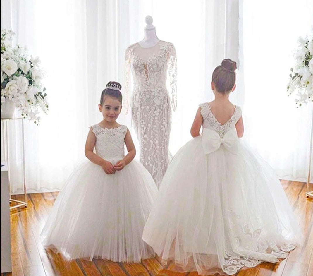 Kids Girls Backless Tutu Wedding Party Dresses with Long Train childrensterritory