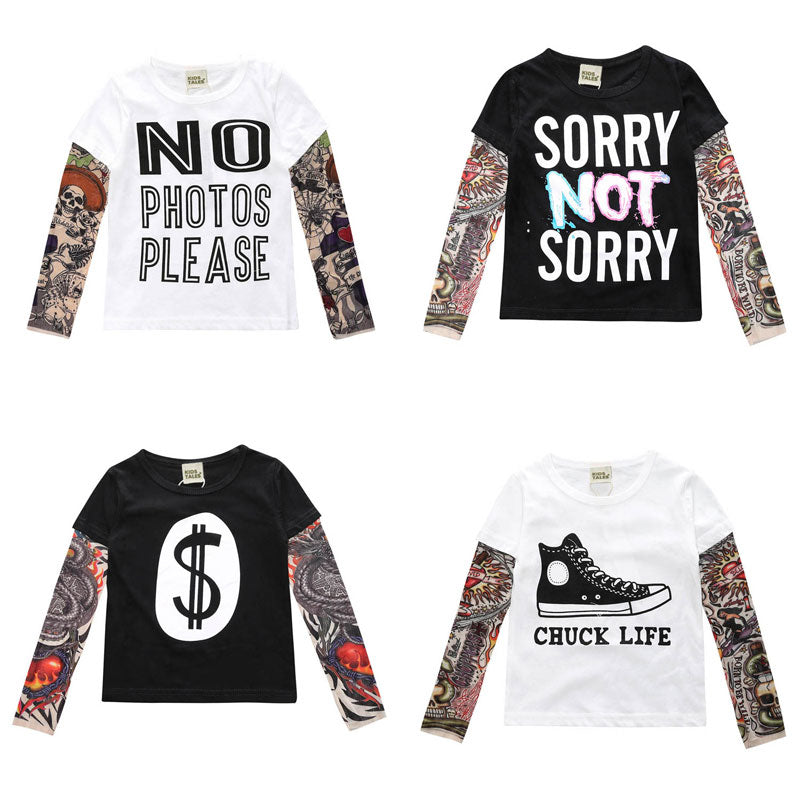 Letter Printed Kids Boys T-shirts with Tattoo Sleeves childrensterritory