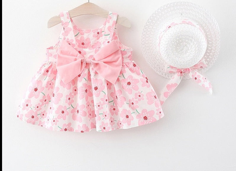 Baby Girl Floral Bow Sling Dress with Hat childrensterritory