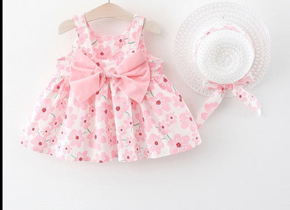 Baby Girl Floral Bow Sling Dress with Hat childrensterritory