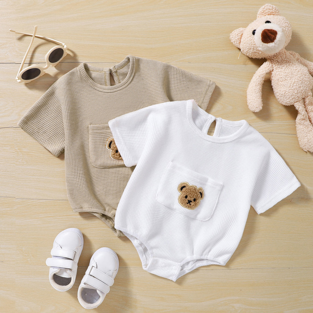 Baby Boys/Girls Bear Embroidery Waffle Bodysuit childrensterritory
