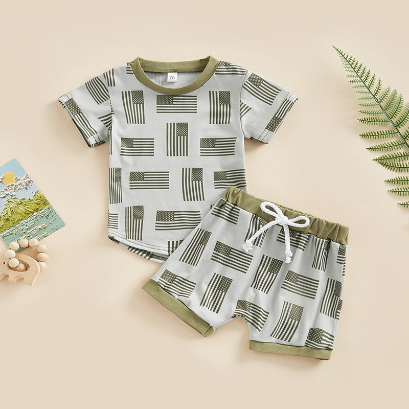 Baby Boy Flag Print Top + Drawstring Shorts Suit Set childrensterritory