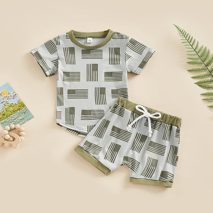 Baby Boy Flag Print Top + Drawstring Shorts Suit Set childrensterritory