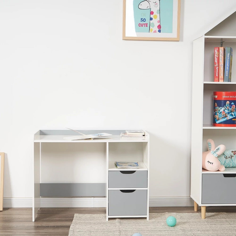 White and Gray Kids Wooden Computer Desk with Drawers childrensterritory