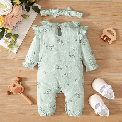 Leaf Print Long Sleeve Baby Girl Romper with Headband childrensterritory