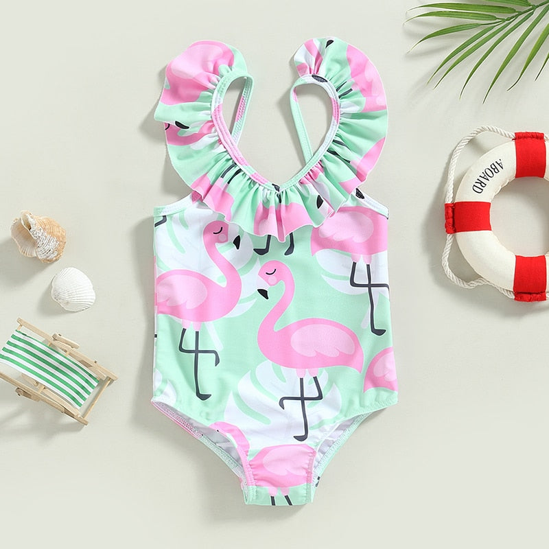 Flamingo Print Backless Kid Girl Beachwear Jumpsuit childrensterritory