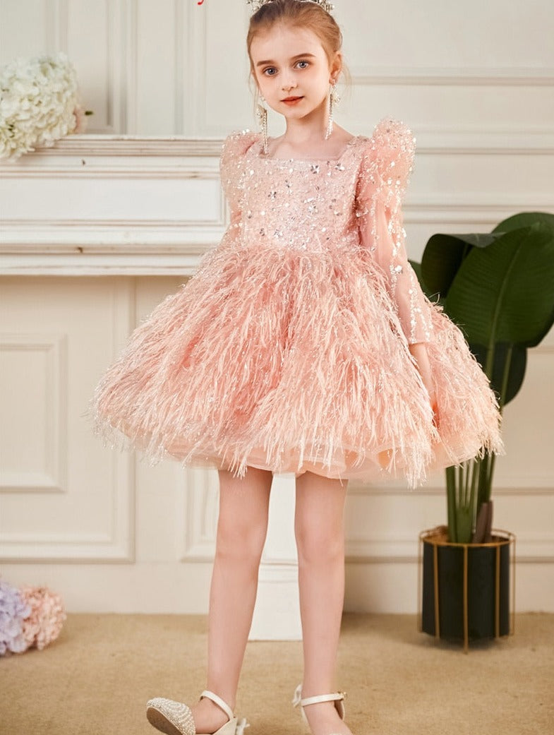 Fluffy Shiny Feather Princess Birthday Party Dresses for Girls childrensterritory