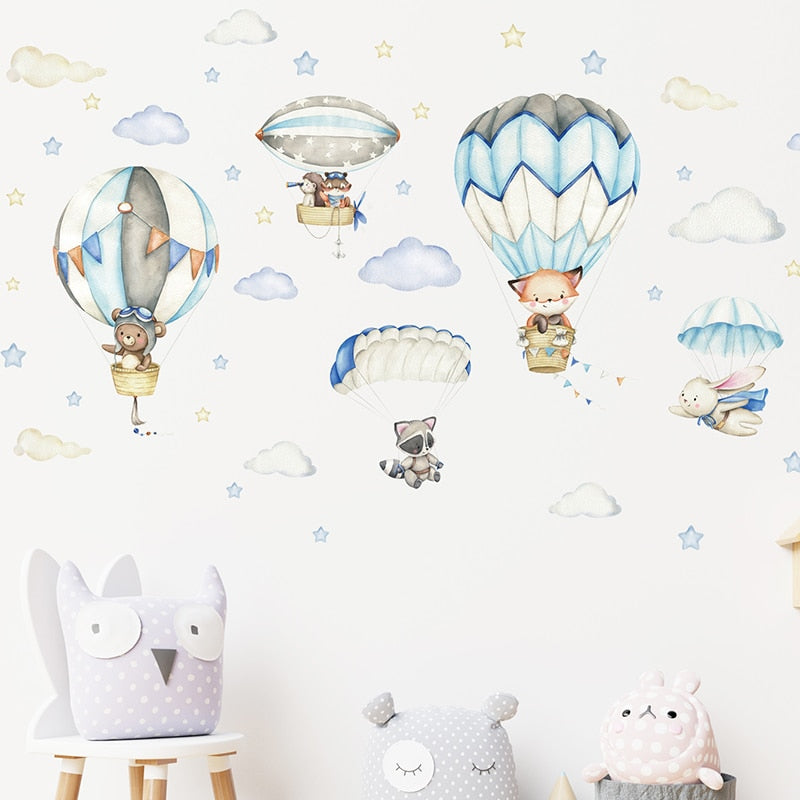 Watercolor Cartoon Hot Air Balloon Wall Decals for Kids&