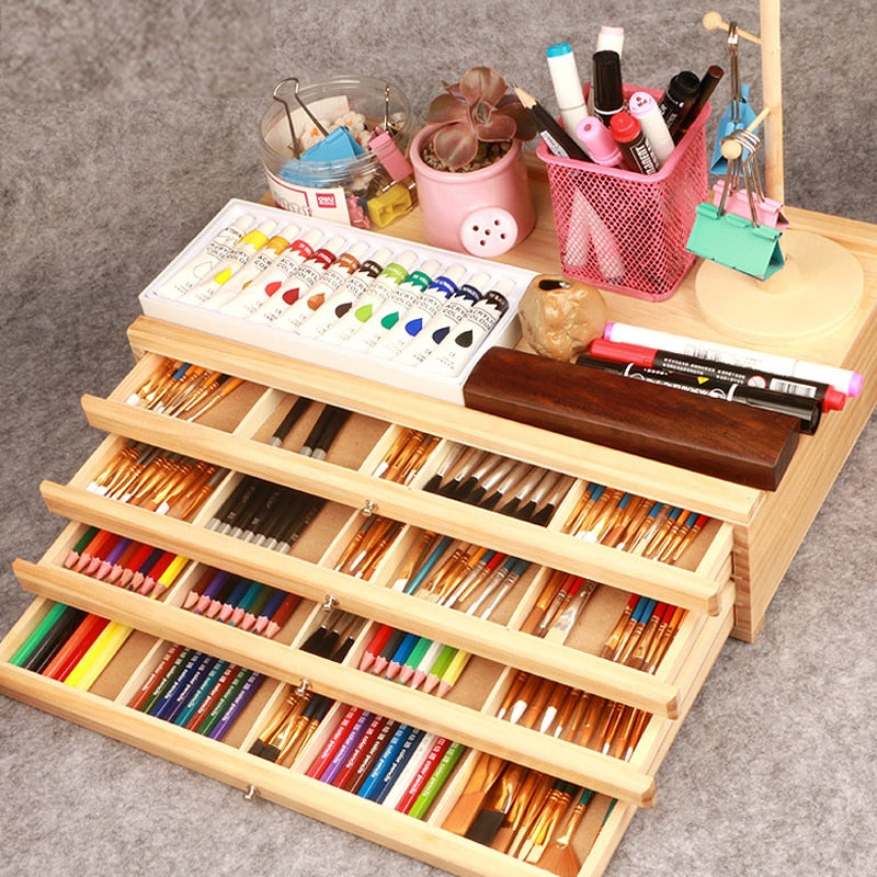 Multi-Layer Wooden Easel Box with Drawers for Stationery Storage childrensterritory