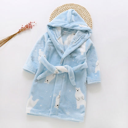 Kids Cartoon Printed Hooded Flannel Bathrobe childrensterritory