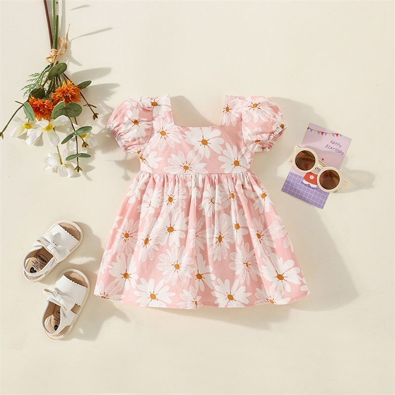 Baby Girls Floral Print Square Neck A-line Summer Dress childrensterritory
