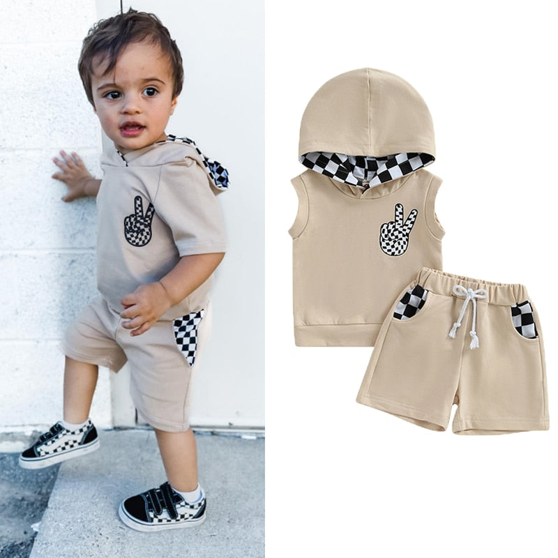 Baby Boys 2PCS Checkerboard Hooded Vest and Shorts Sets childrensterritory