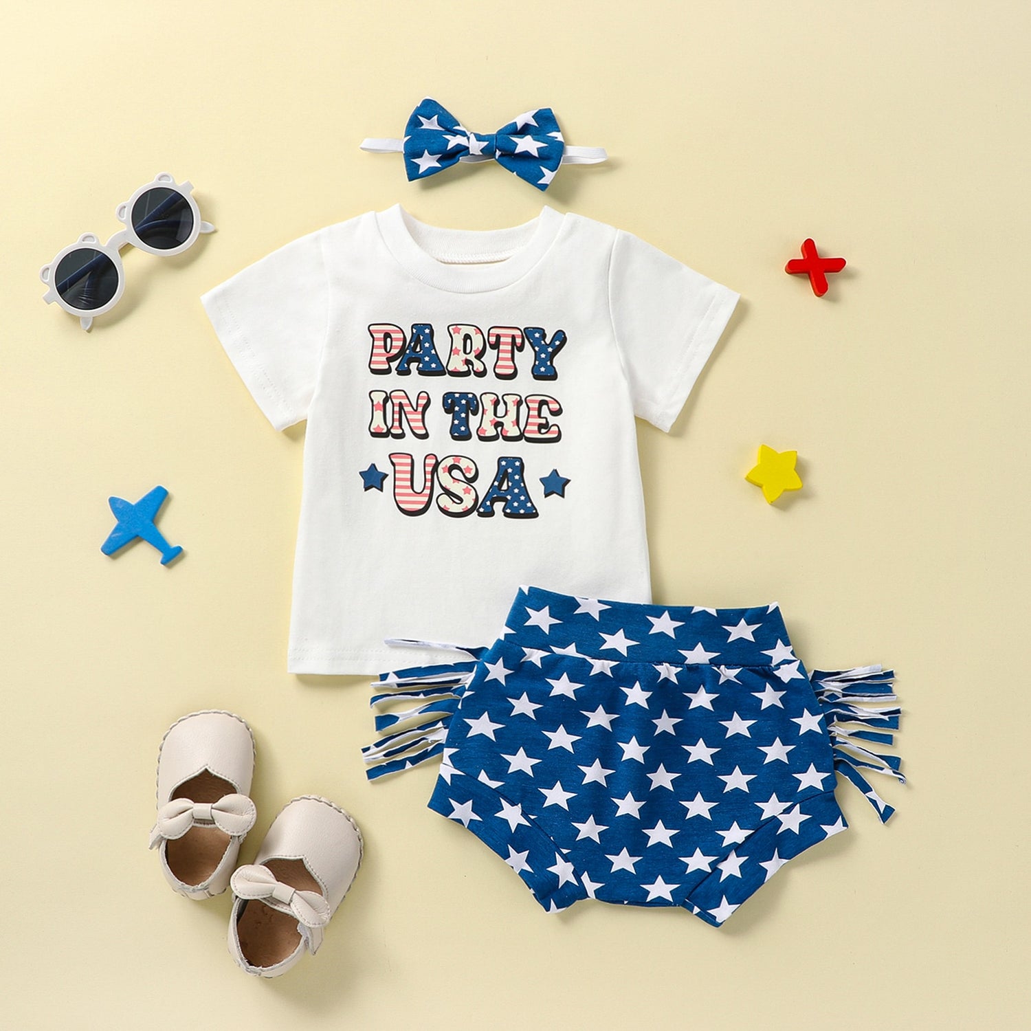 4th of July Baby Girl Outfit Letter Top and Tassel Shorts childrensterritory