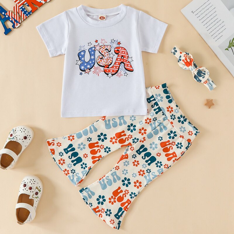USA Print Tops and Floral Pants Set for Little Girls&